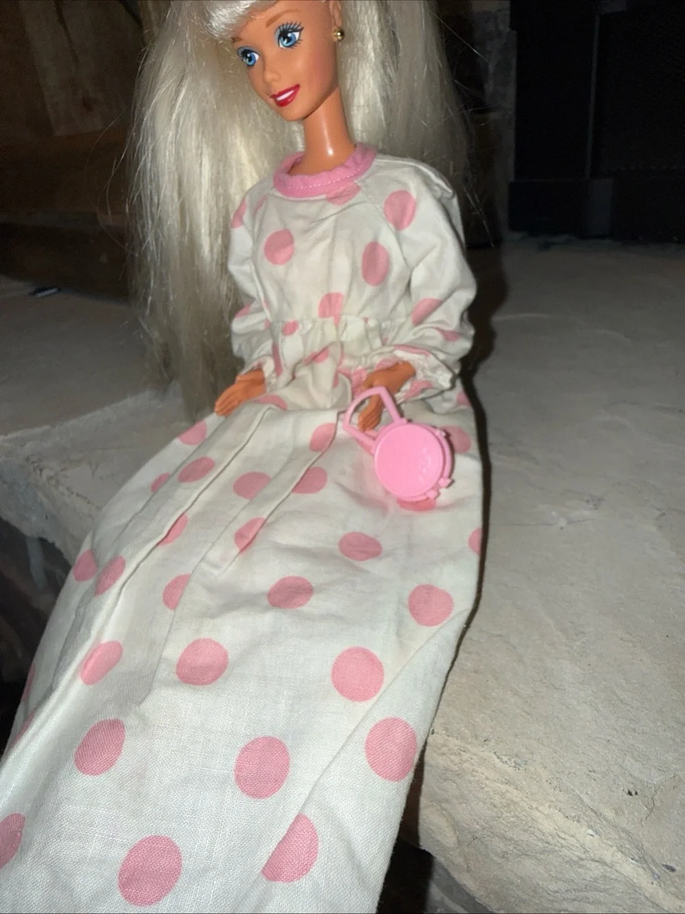 Barbie vintage white long sleeve pink polka dot dress and purse